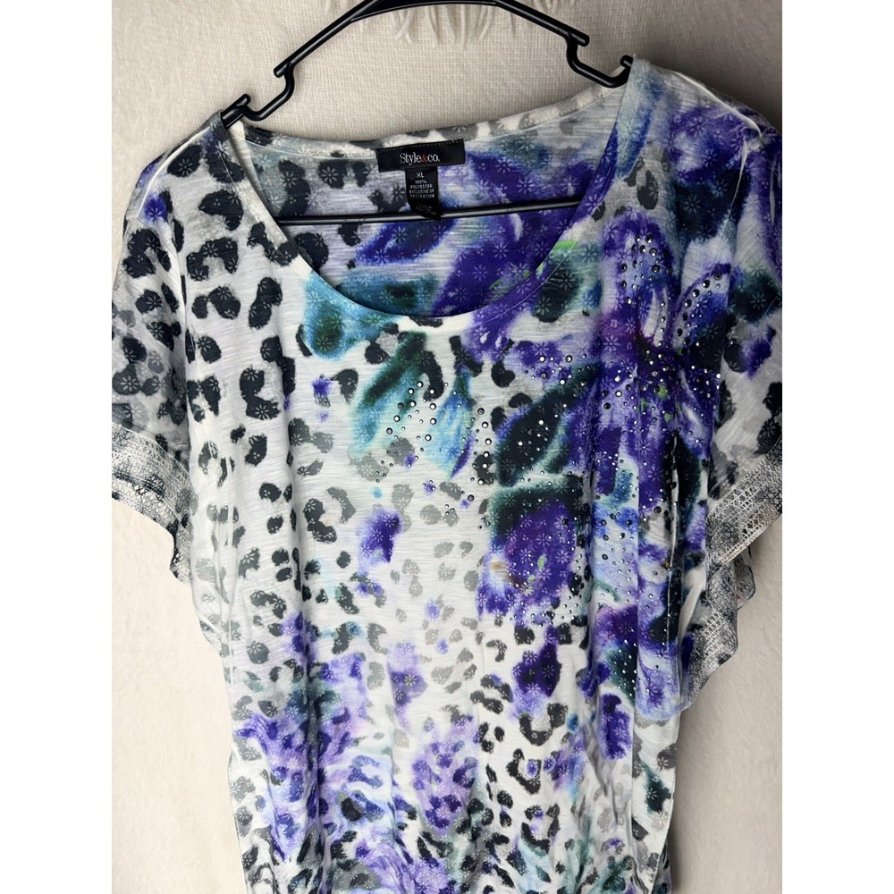 Style & Co Top Womens XL Purple Blue Leopard Tie Dye Rhinestone Bling Lace
